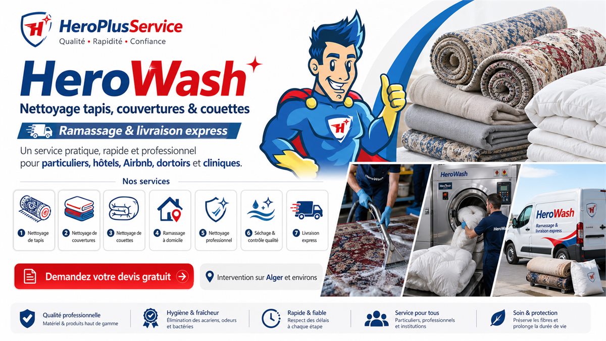 Visuel HeroWash avec tapis, couvertures, couettes et service de ramassage à Alger